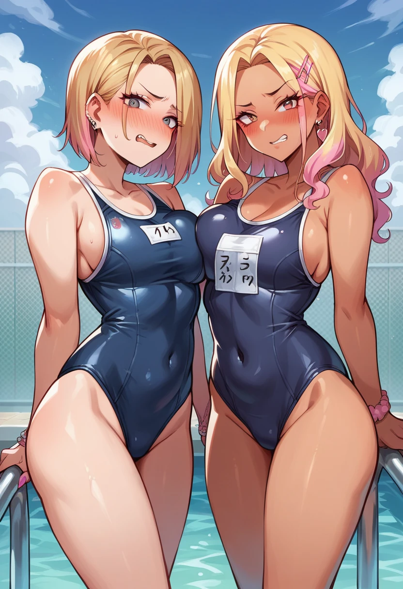 ((sexy 2girl ,gyaru))nsfw,glamorous, flushed face,blush,blushing, ashamed, bashful, flushed face, stand, forehead,  school swimsuit, looking at viewer,stand,pool side