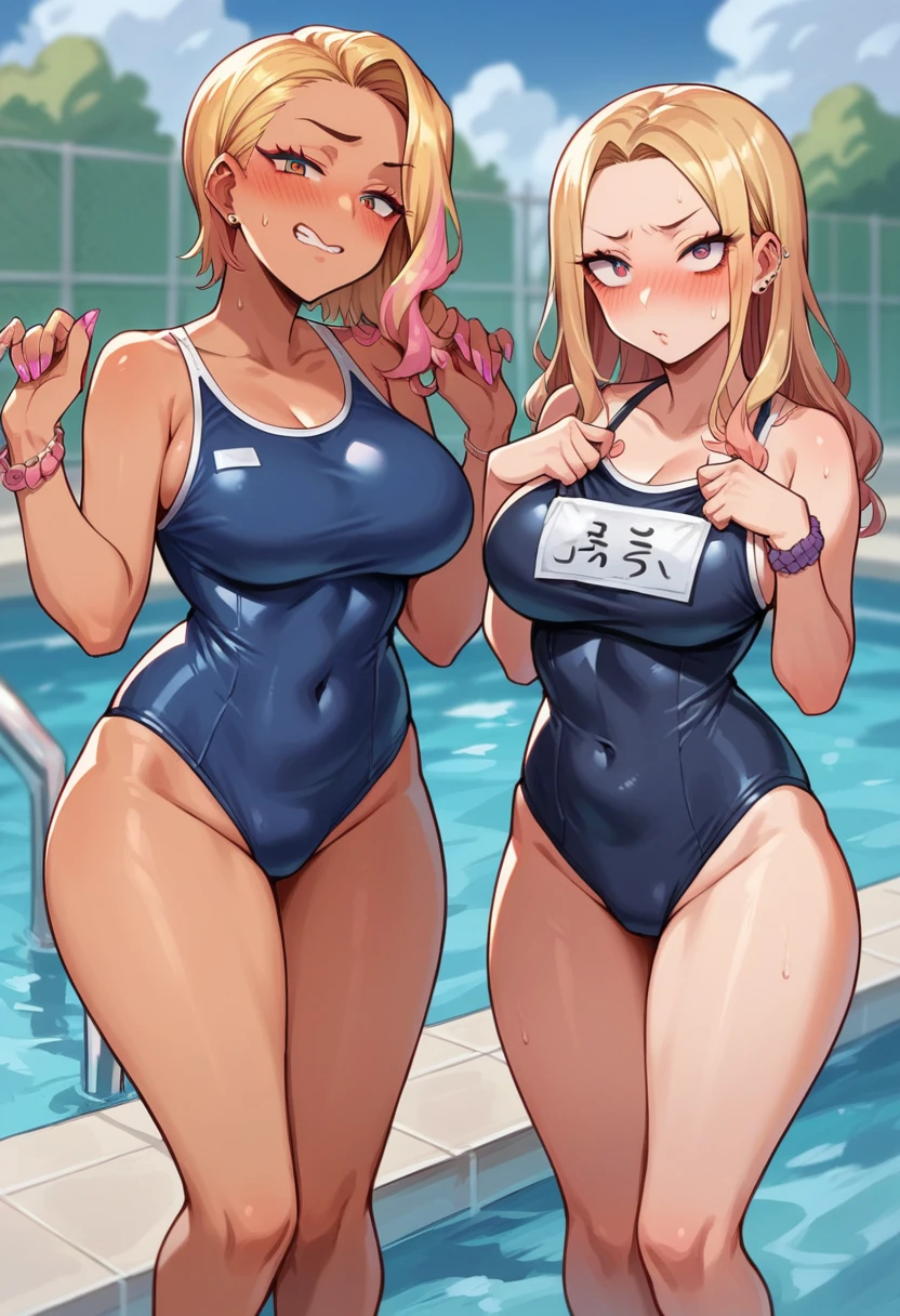 ((sexy 2girl ,gyaru))nsfw,glamorous, flushed face,blush,blushing, ashamed, bashful, flushed face, stand, forehead,  school swimsuit, looking at viewer,stand,pool side