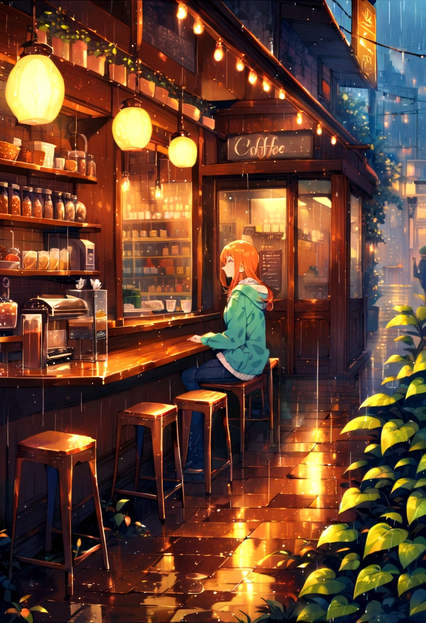 Inside the coffee shop, rain, Highest quality