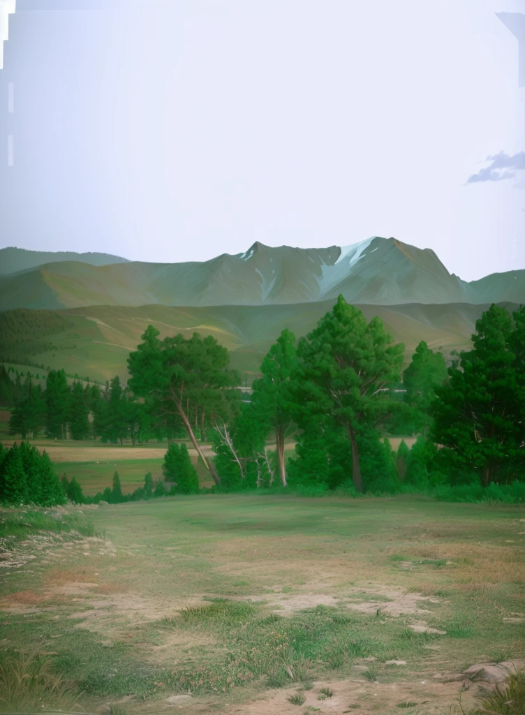 sky, mountain, trees, grass ground, photorealistic, photo real