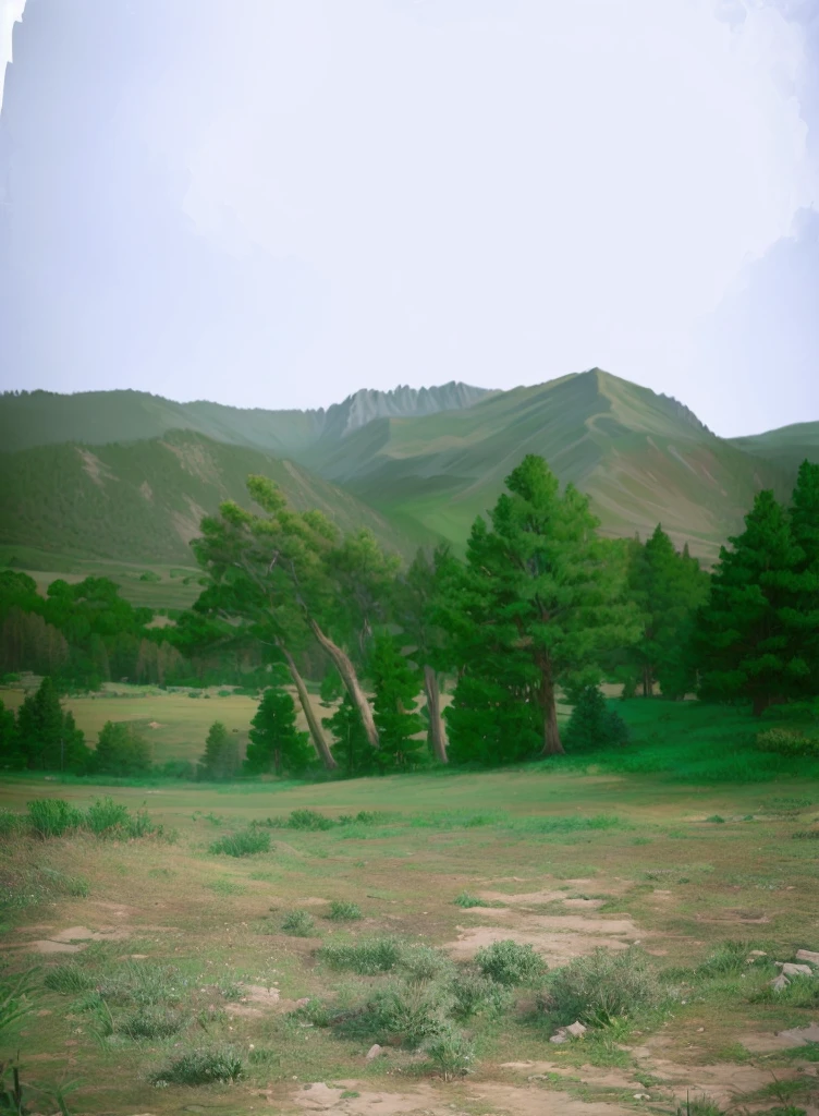 sky, mountain, trees, grass ground, photorealistic, photo real