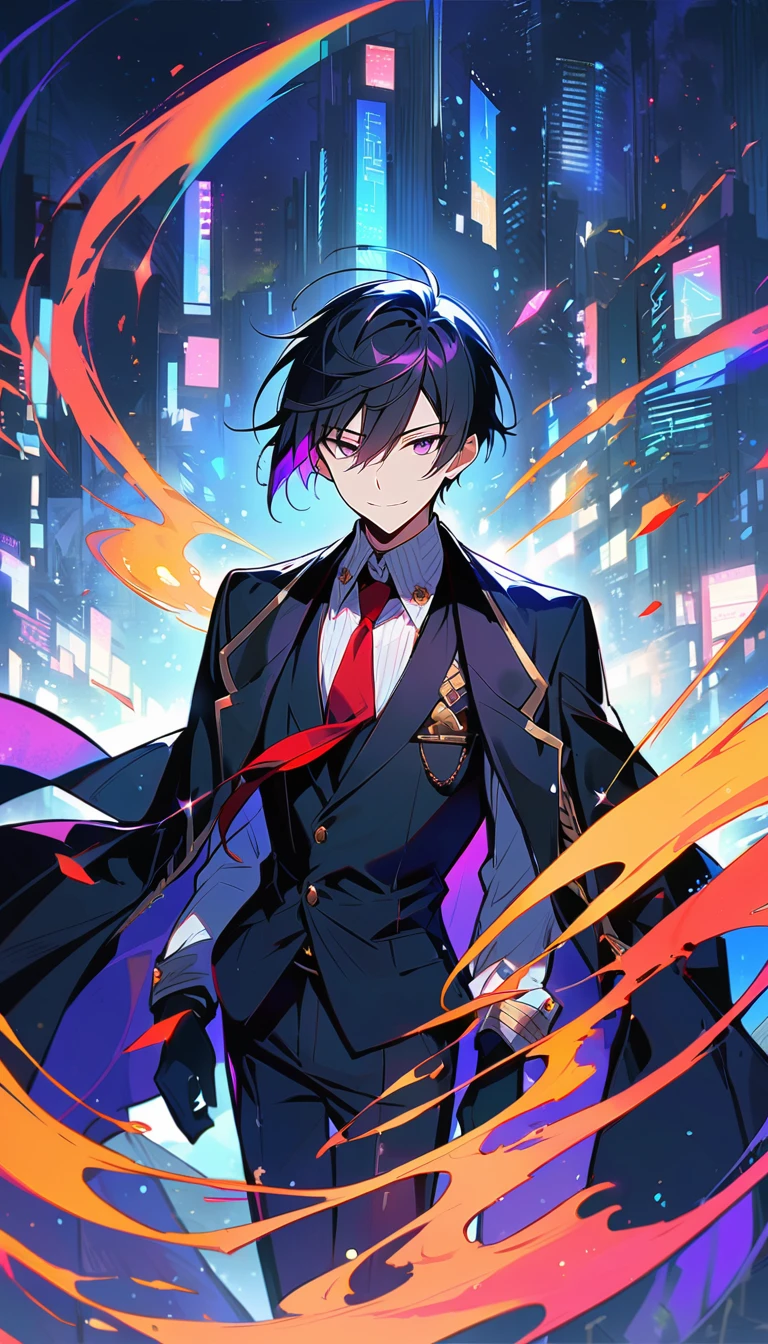 good looking, alone, 1 male, short hair, Smile Facial,1. Boy with black and purple hair, Moderate height, Slim body, Long coat, Black lining,good looking, short hair, Black Hair, Rainbow Hair, Purple eyes, 先端がスモーキーグレーのBlack Hair, smoking, Black light,smile、, Bright, sharp eyes illuminate the scene,uniform,Fewer accessories,whole body,Background white,(masterpiece, Highest quality), Yishang_edge, Default_Costume, One boy, alone, Red tie, Black jacket, Black vest, Jacket on shoulders, White shirt, Collared shirt, Black trousers, View your viewers, city, night, knife,紫色に光るknife身