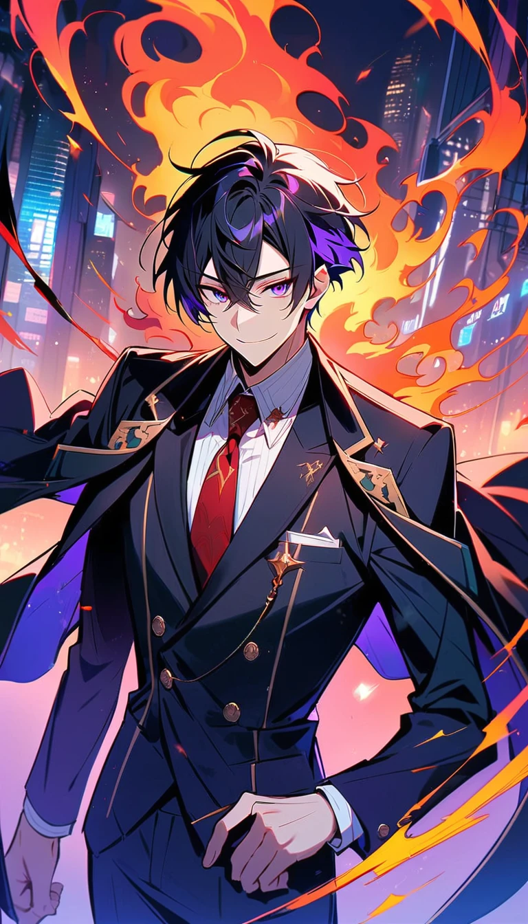 good looking, alone, 1 male, short hair,  Smile Facial,1. Boy with black and purple hair,  Moderate height, Slim body, Long coat, Black lining,good looking, short hair, Black Hair, Rainbow Hair, Purple eyes, 先端がスモーキーグレーのBlack Hair,  smoking, Black light,smile、, Bright, sharp eyes illuminate the scene,uniform,Fewer accessories,whole body,Background white,(masterpiece, Highest quality), Yishang_edge, Default_Costume, One boy, alone, Red tie, Black jacket, Black vest, Jacket on shoulders, White shirt, Collared shirt, Black trousers, View your viewers, city, night, knife,紫色に光るknife身