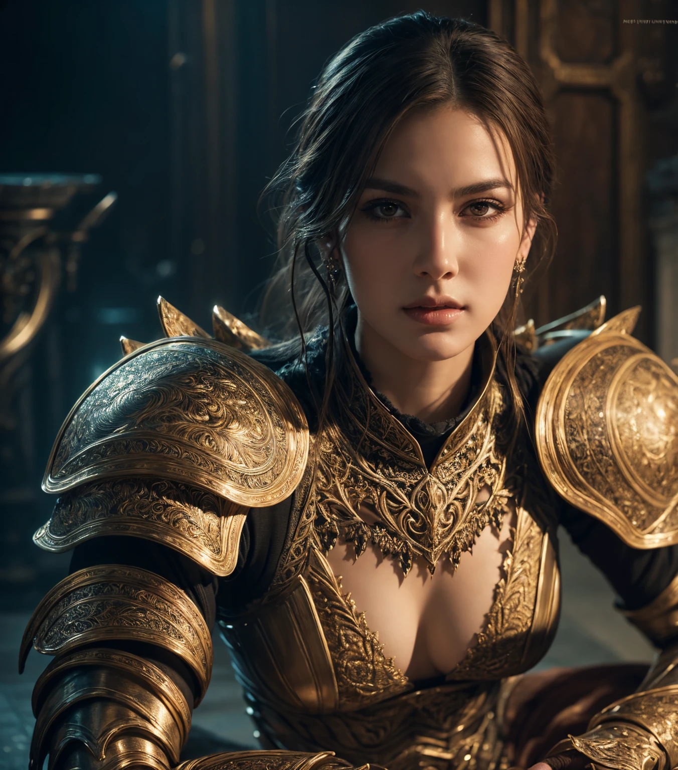 a beautiful woman, highly detailed and intricate impractical armor, sitting in a seductive pose, beautiful detailed face, piercing eyes, luscious lips, long eyelashes, meticulously detailed, masterpiece, photorealistic, cinematic lighting, dramatic colors, fantasy, concept art