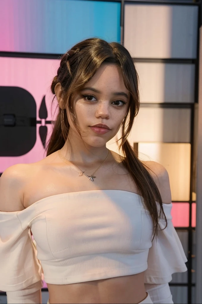 jenna_ortega_v4, sks woman, angelina jolie:0.2, wearing off shoulder crop top, long wavy hair, 
pink off shoulder crop top, 
close-up, headshot, face, portrait, wall background, 
 