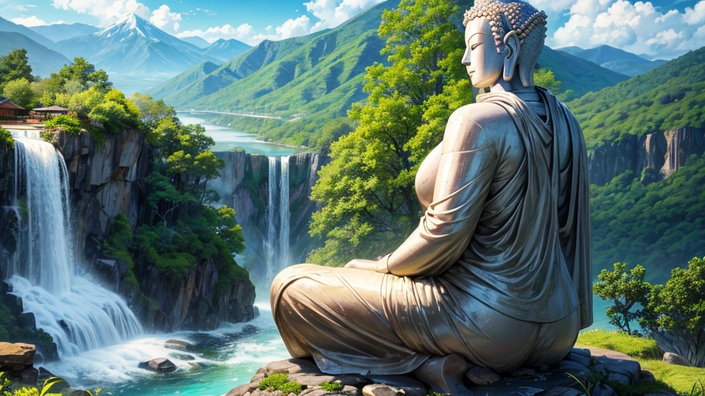 The photo depicts a large Buddha statue sitting atop a waterfall, surrounded by lush green landscape and mountains in the background. Buddha statue seen from behind, facing the landscape. The sky is clear with a few clouds, evokes a peaceful and pure space. The photo can attract attention or involve stillness, beauty of nature, or the spiritual meaning associated with the Buddha image.
