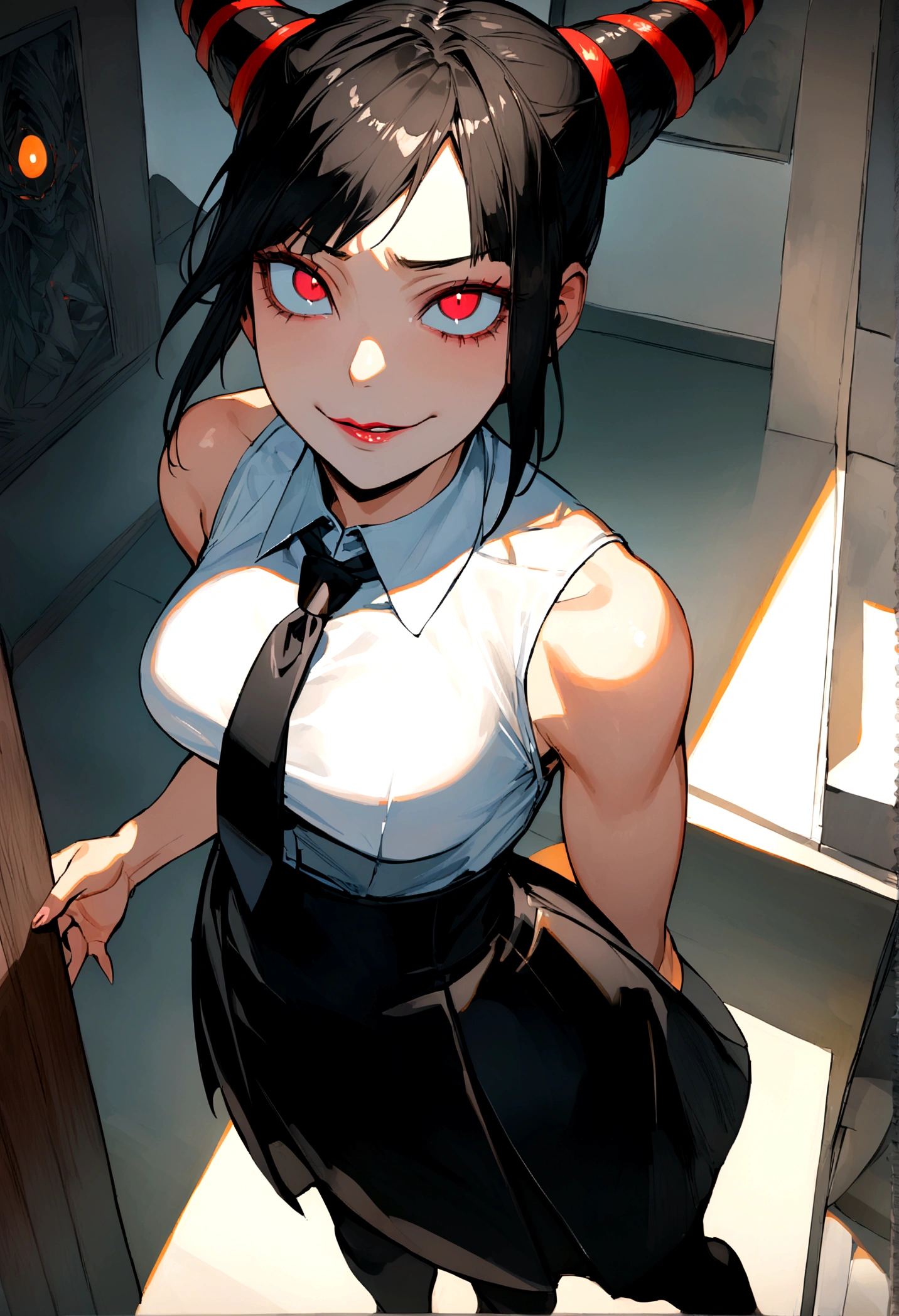 juri han, work of art, tight white secretary shirt with black tie, black high waist skirt, short skirt,stocking, black hair, black tightscary sun,office,bangs on the eyes,lighting,horn of hair,view from above,staring overhead,evil smile