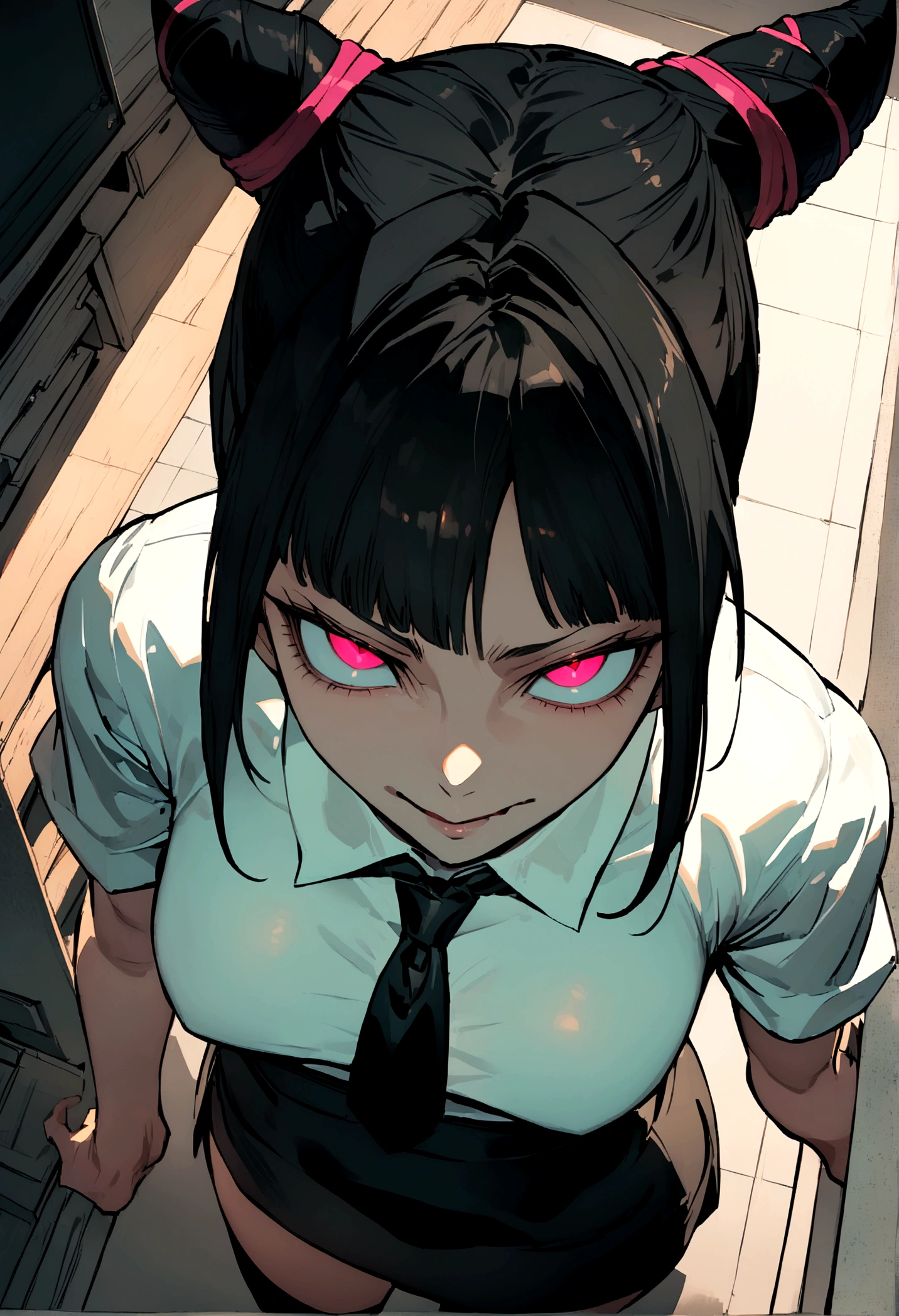 juri han, work of art, tight white secretary shirt with black tie, black high waist skirt, short skirt,stocking, black hair, black tightscary sun,office,bangs on the eyes,lighting,horn of hair,view from above,staring overhead,evil smile