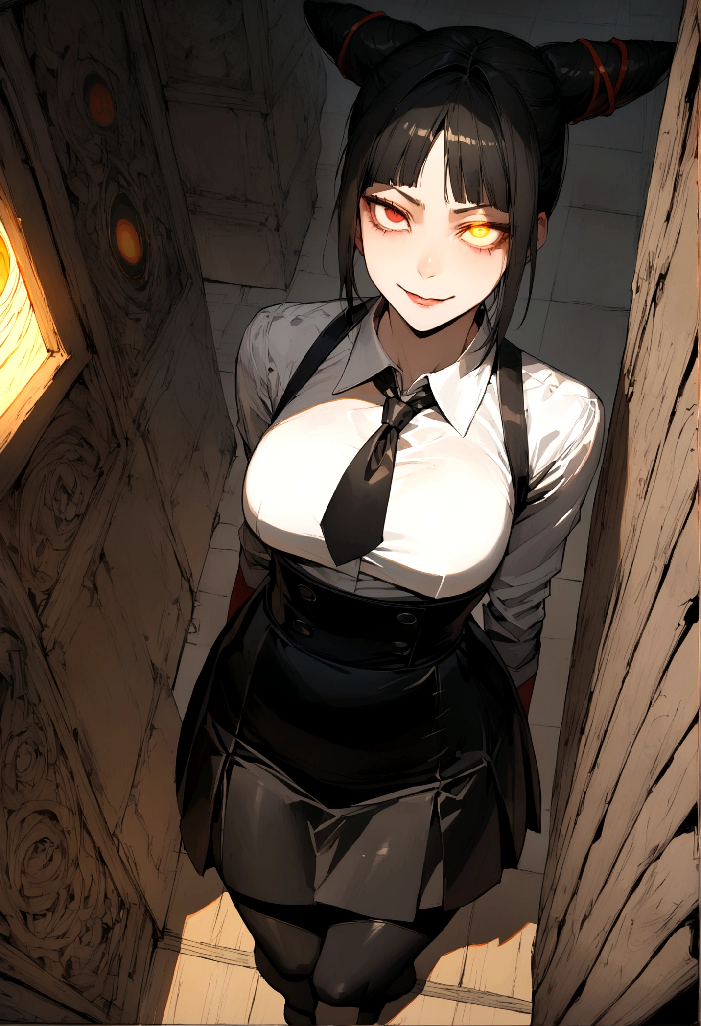 juri han, looking back,hands in pocket,work of art, tight white secretary shirt with black tie, black high waist skirt, short skirt,stocking, black hair, black tightscary sun,office,bangs on the eyes,lighting,horn of hair,view from above,evil smile,beautiful ass detailed