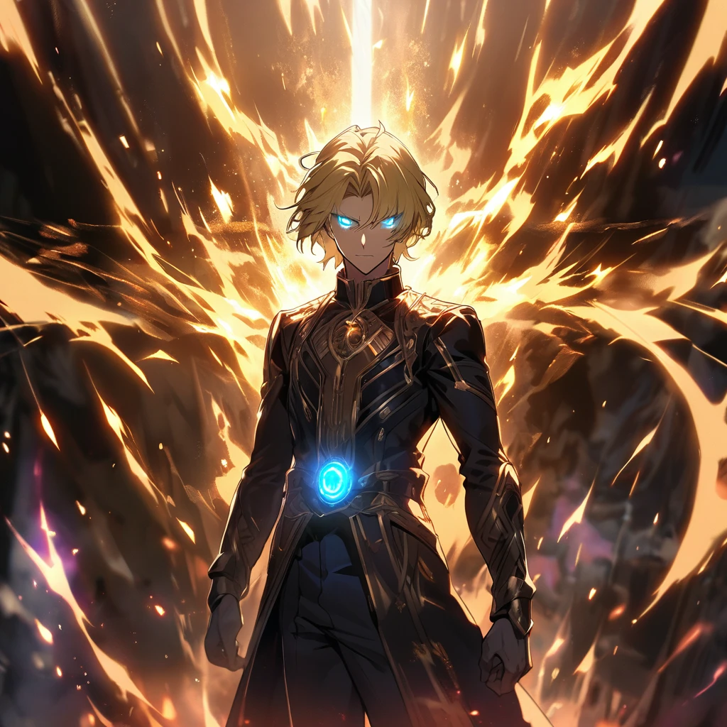 male, solo, handsome, blond hair, god, god eyes, glowing eyes, light, aura, holo, golden