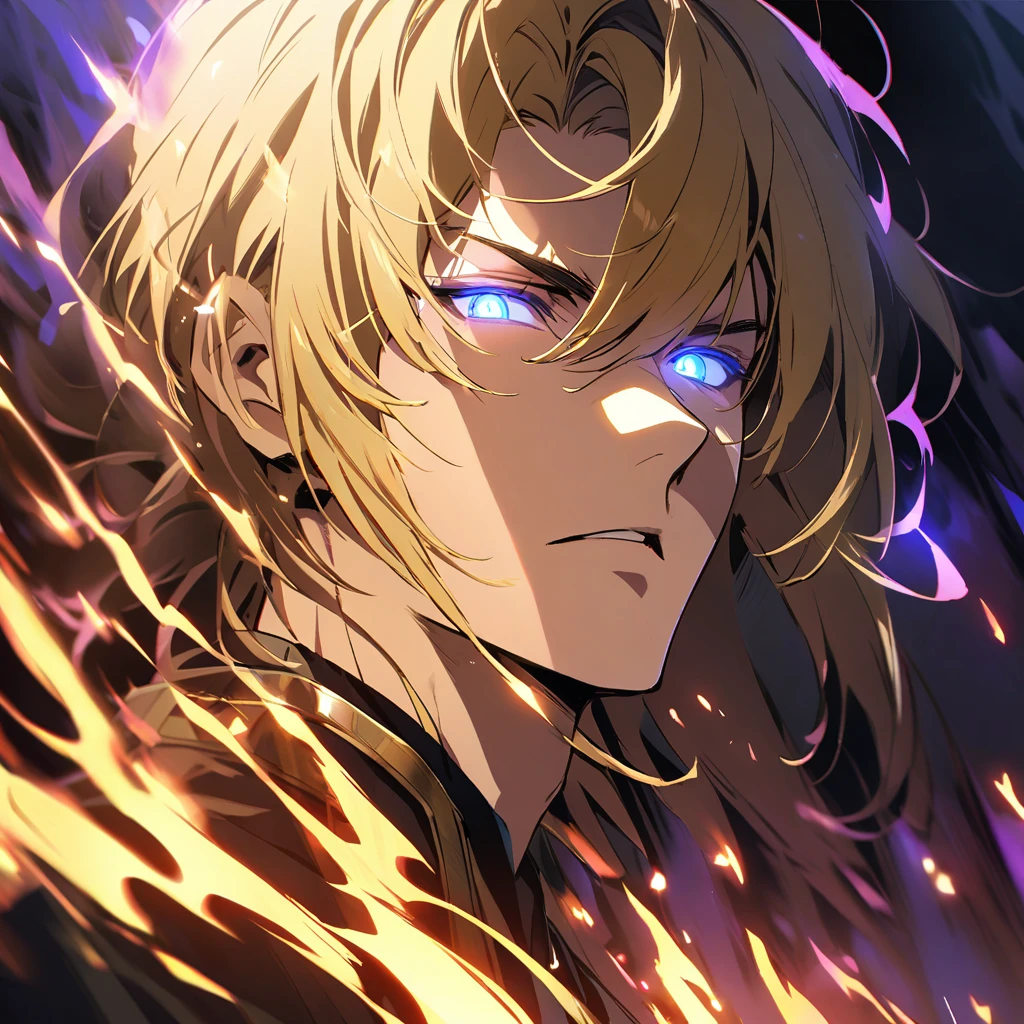 male, solo, handsome, blond hair, god, god eyes, glowing eyes, light, aura, holo, golden