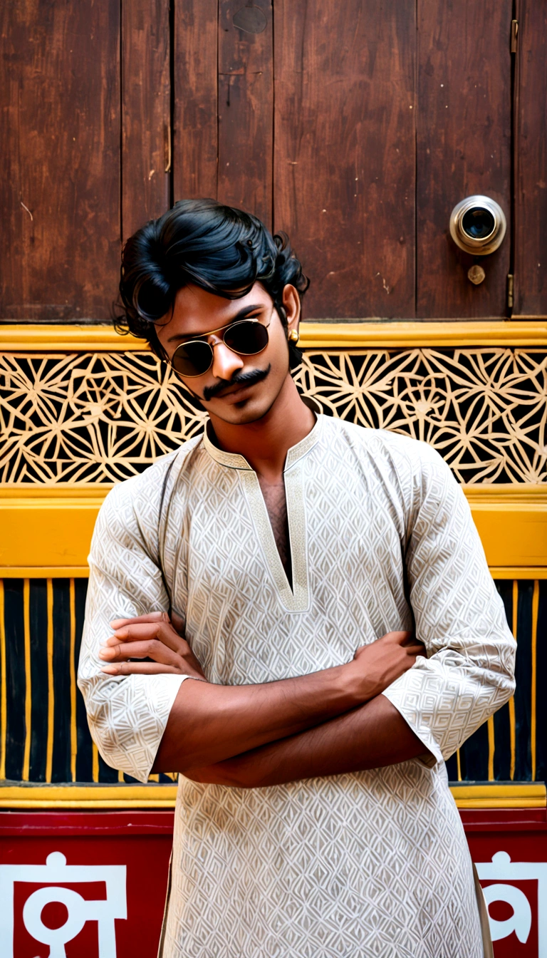 arafed man in sunglasses standing in front of a door, jayison devadas style, jayison devadas, assamese aesthetic, stylish pose, with accurate face, with a cool pose, shot on canon camera, profile pic, candid picture, mohamed chahin style, ayan nag, candid photo, random artist, wearing a kurta