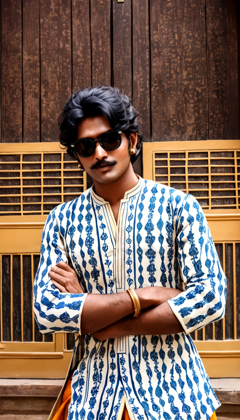 arafed man in sunglasses standing in front of a door, jayison devadas style, jayison devadas, assamese aesthetic, stylish pose, with accurate face, with a cool pose, shot on canon camera, profile pic, candid picture, mohamed chahin style, ayan nag, candid photo, random artist, wearing a kurta