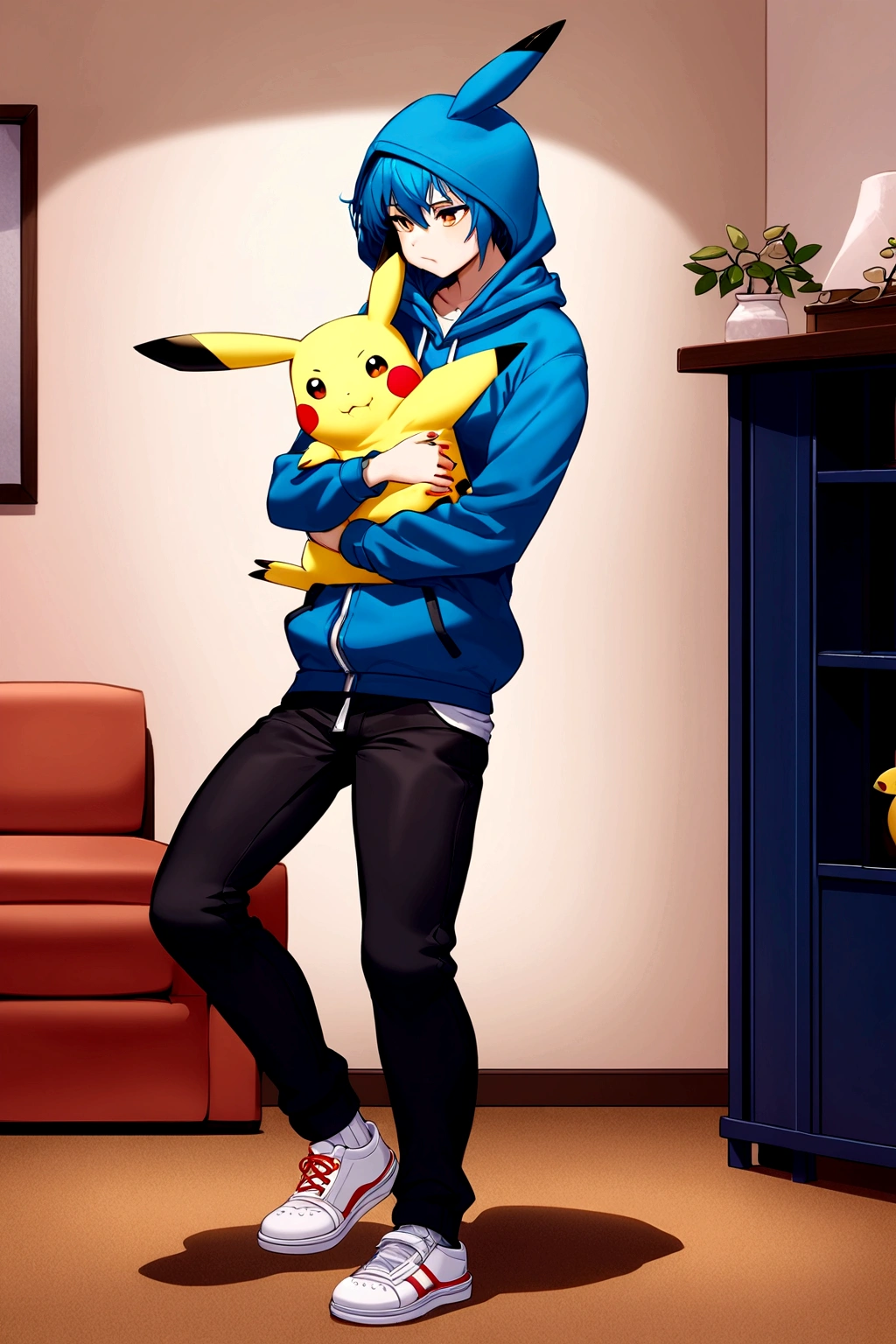 Pikachu wearing a hoodie, black pants, and white shoes eating at home with a human, white shirt, black pants, and white shoes