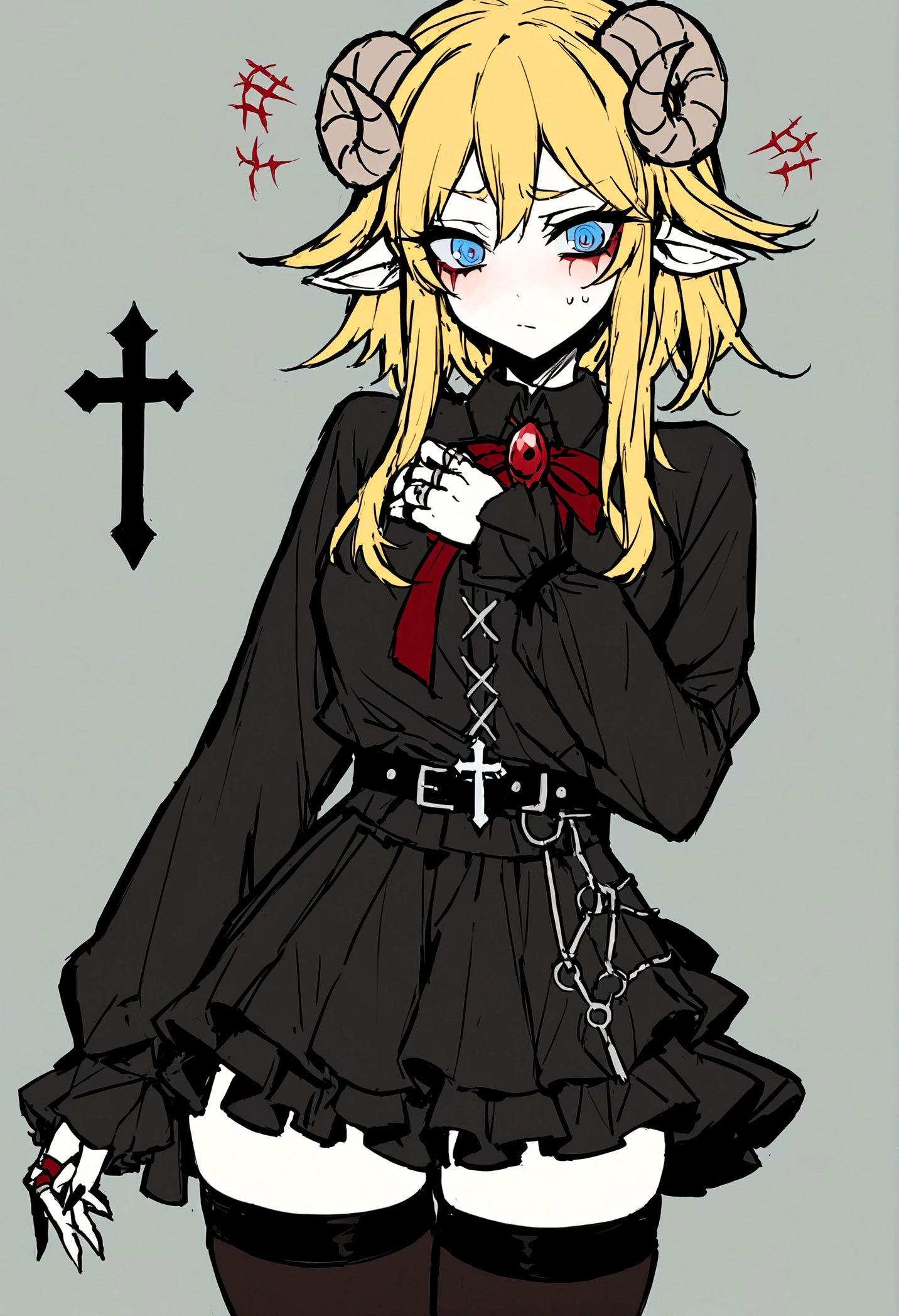 masterpiece, Highest quality, ((1 person)),Yellow Hair,Light blue eyes,Expression of agony,whole body,Manga style,Bob Hair,Landmine makeup,Eyes that feel,((Danmachi style),Sheep horns on the head,Red corners of the eyes,Thigh High,Jiraikei,skirt,ring,gem,黒いThigh High,Black Mask,shirt,cross,黒いskirt,Frills,Gothic,ribbon,Gothic,Long sleeve,Hug me,I get entangled with the being on the other side of the screen,