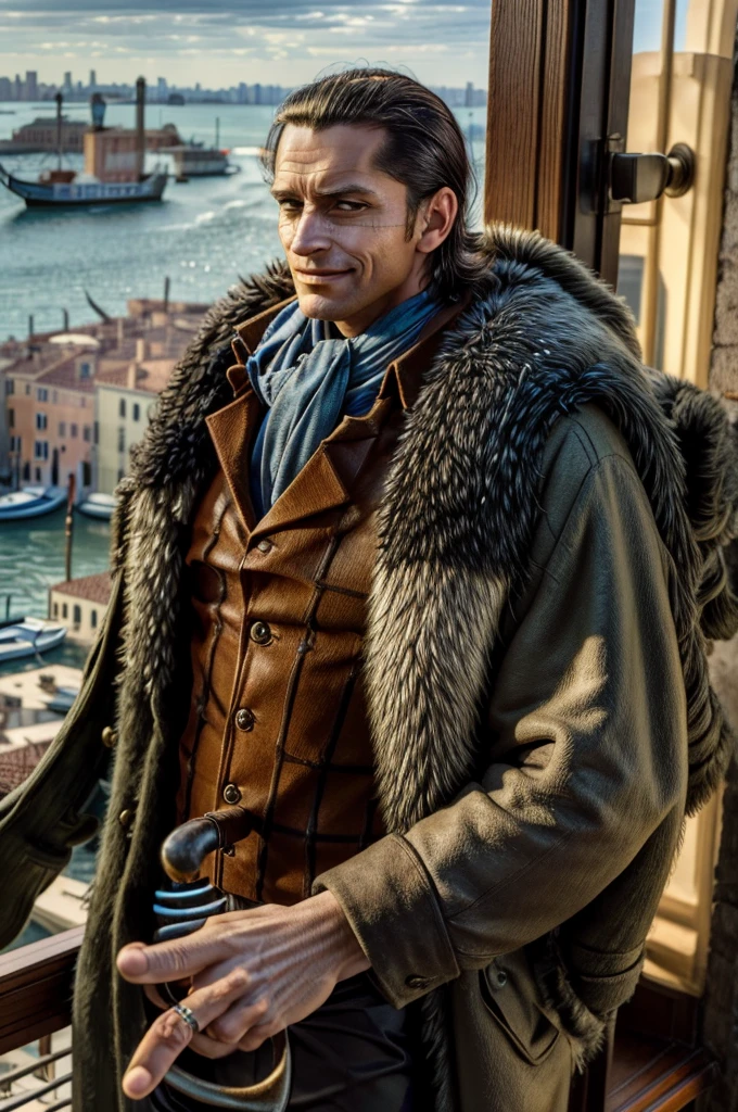 masterpiece, best quality, extremely detailed, hyperrealistic, photorealistic, a cool 40s man, ultra detailed face:1.2, fur-trimmed coat, scarf around the neck, his left hand is a golden pirate hook:1.1, cigar, the view from high-rise tower, weathercock, the scene of the venice, in the sunshine, sly smile, fashion model pose

