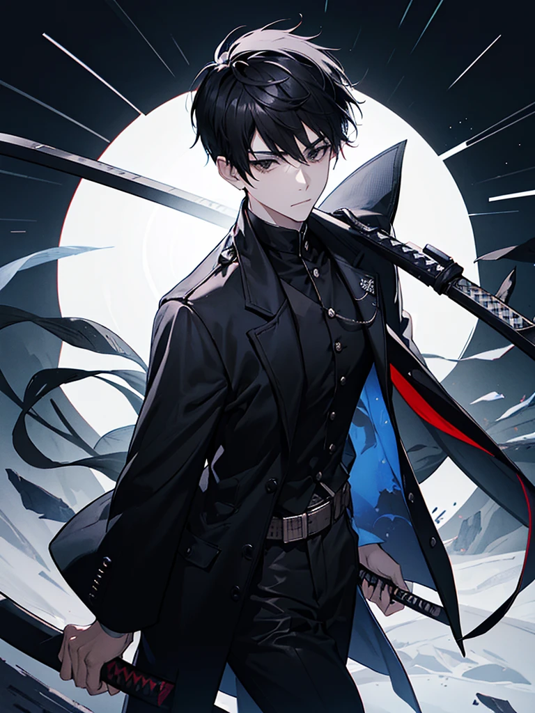 A young man with short black hair, with black eyes, with a bandaged katana inside a sheath, and rune marks on the cheek, with a thin black checkered coat, underneath a black t-shirt.