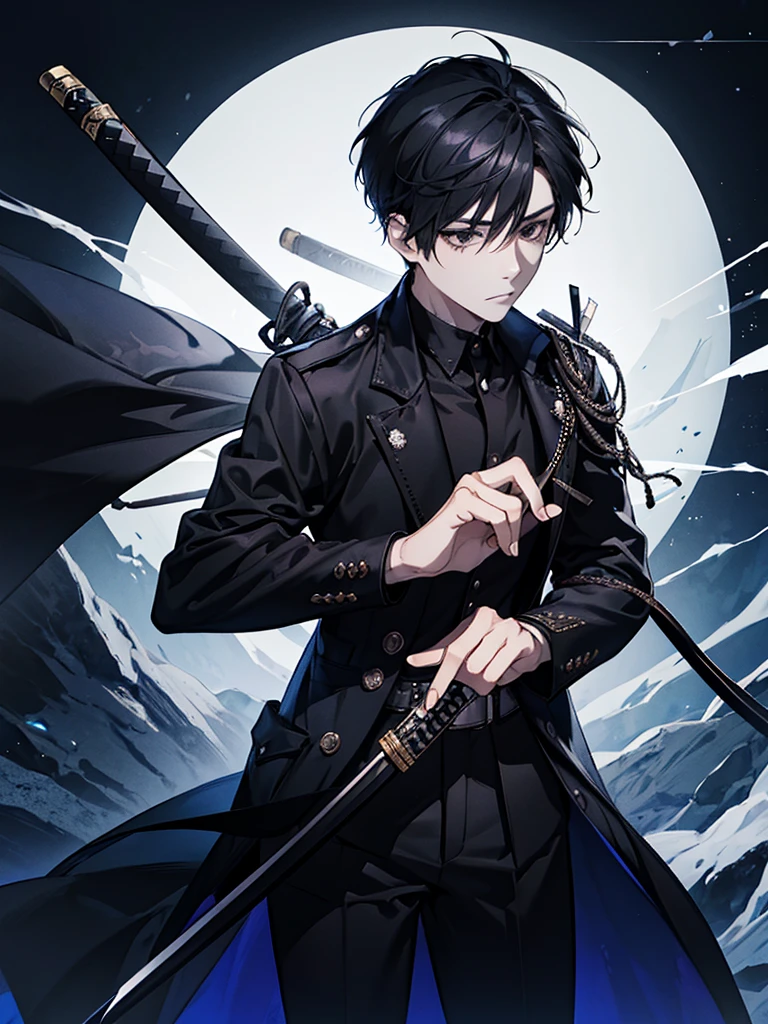 A young man with short black hair, with black eyes, with a bandaged katana inside a sheath, and rune marks on the cheek, with a thin black checkered coat, underneath a black t-shirt.