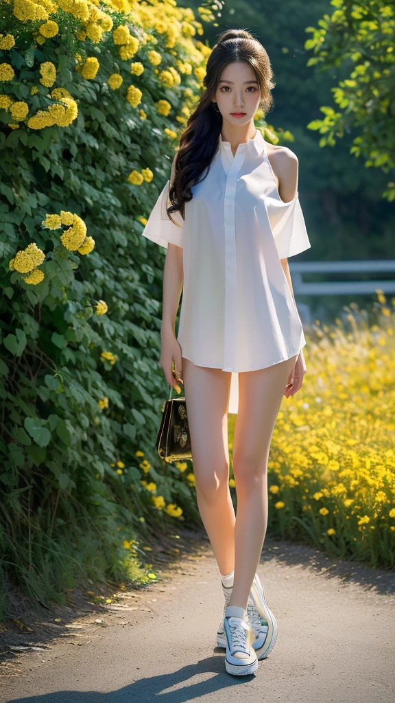 ((masterpiece, Best quality, a high resolution, ultra detailed),(beautiful and aesthetically pleasing:1.2), 1 woman, adult, perfect body, Wavy dark hair, green eyes, high short ponytail, Beautiful, Detailed eyes and face, long oversized shirt, skinny jeans, Converse sneakers, golden hour, Field of Flowers, complex parts, full body 