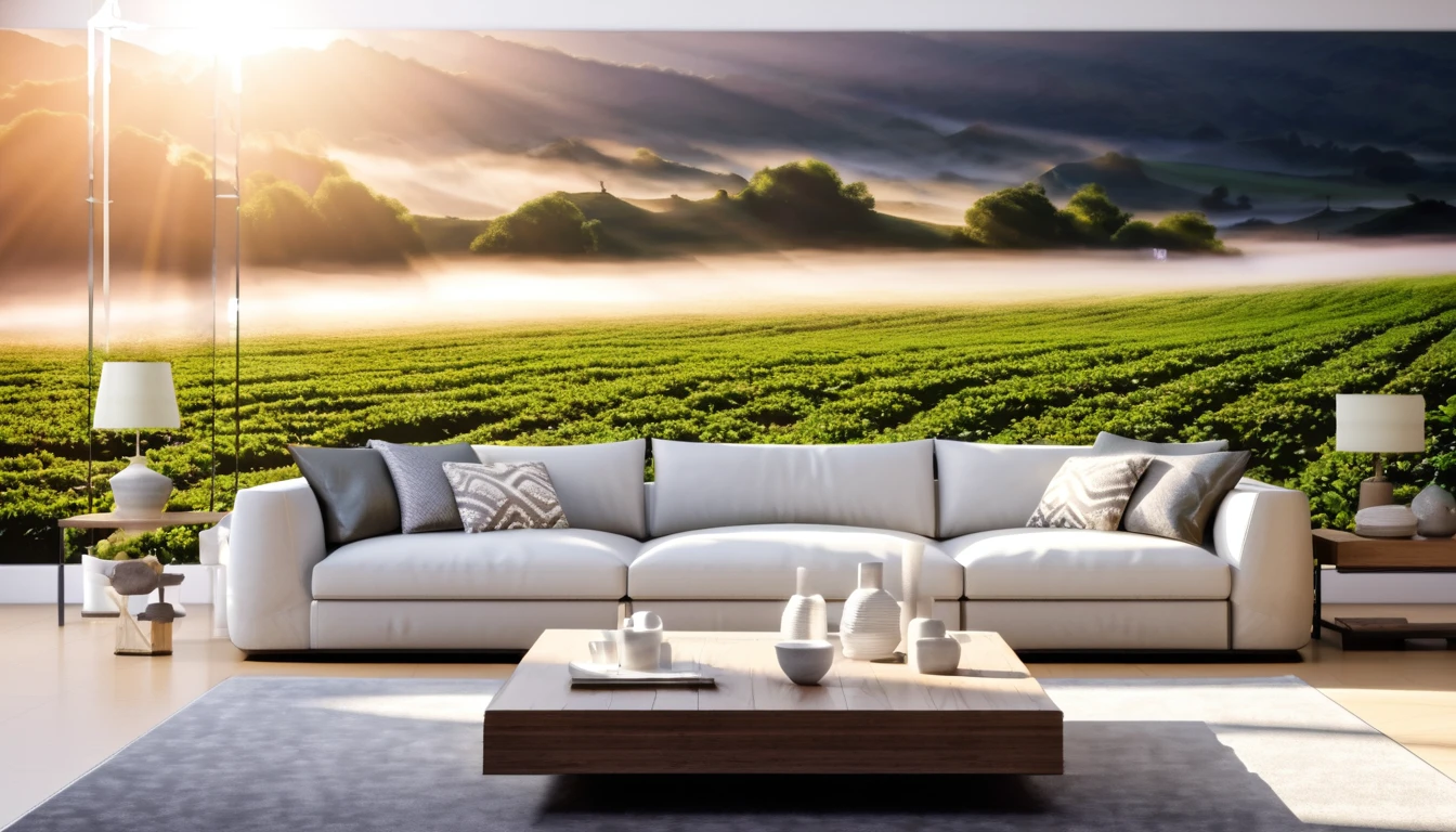 Rural landscape、Large living room、Real、Ultra-detailed landscapes、Portrait Photography、 Highest quality, Highly detailed 8k wallpaper, Beautiful details、Transcendently beautiful、Cinema Lighting, Lens flare,