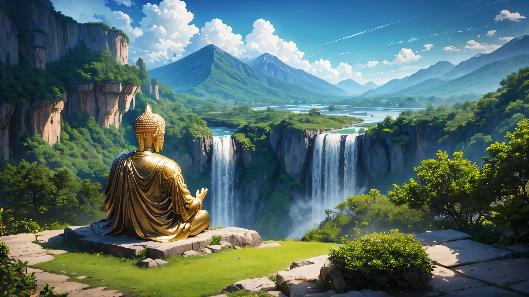The photo depicts a large Buddha statue sitting atop a waterfall, surrounded by lush green landscape and mountains in the background. Buddha statue seen from behind, facing the landscape. The sky is clear with a few clouds, evokes a peaceful and pure space. The photo can attract attention or involve stillness, beauty of nature, or the spiritual meaning associated with the Buddha image.