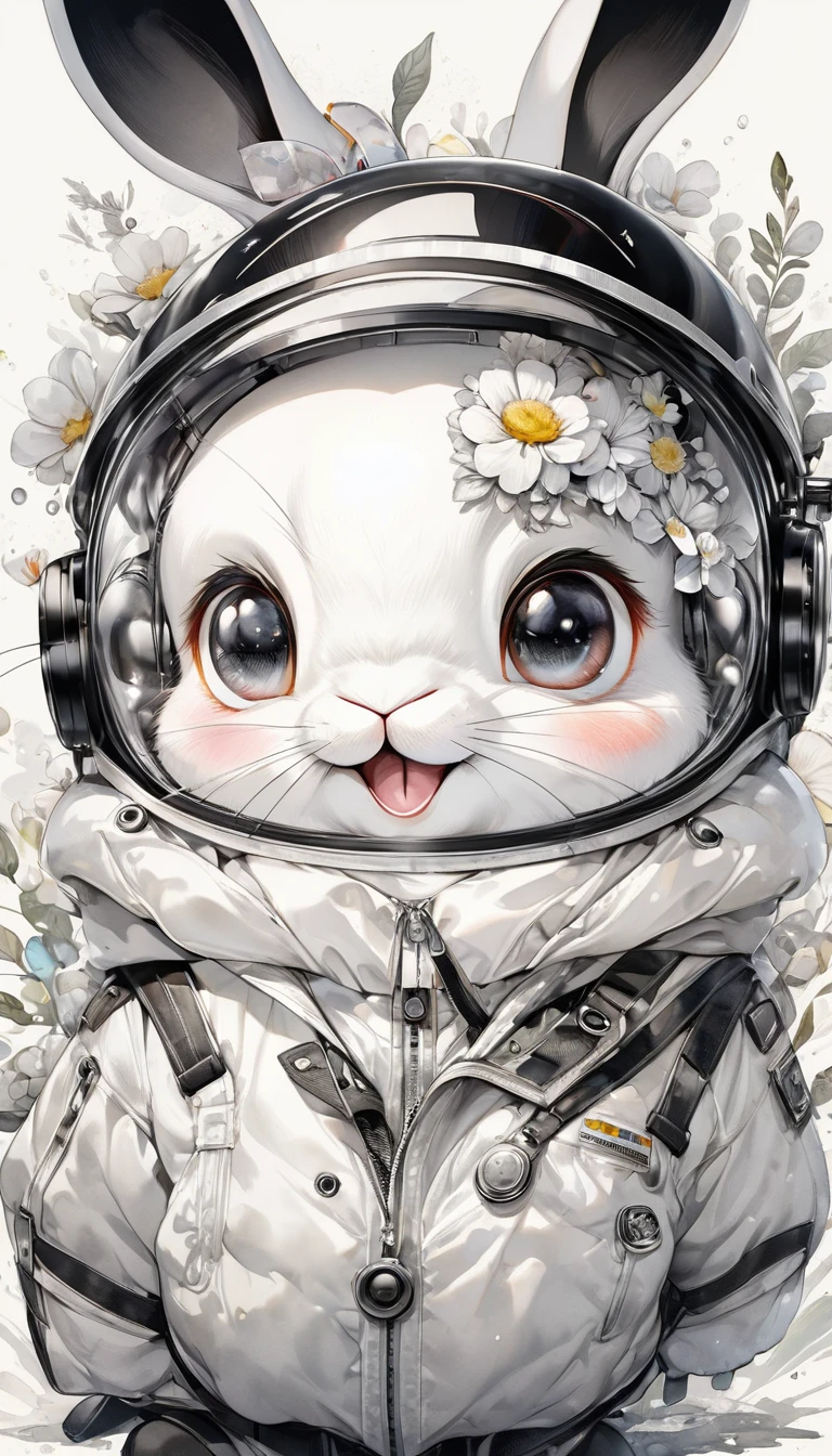 Highest quality, Super quality, 16K, Incredibly absurd, Very detailed, 2.5D, delicate and dynamic, A fusion of watercolor and oil painting, Mixing monochrome and color, Funny rabbit portrait, Cute face, Cute pose