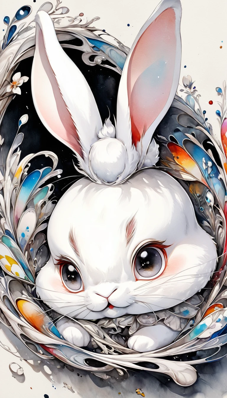 Highest quality, Super quality, 16K, Incredibly absurd, Very detailed, 2.5D, delicate and dynamic, A fusion of watercolor and oil painting, Mixing monochrome and color, Funny rabbit portrait, Cute face, Cute pose