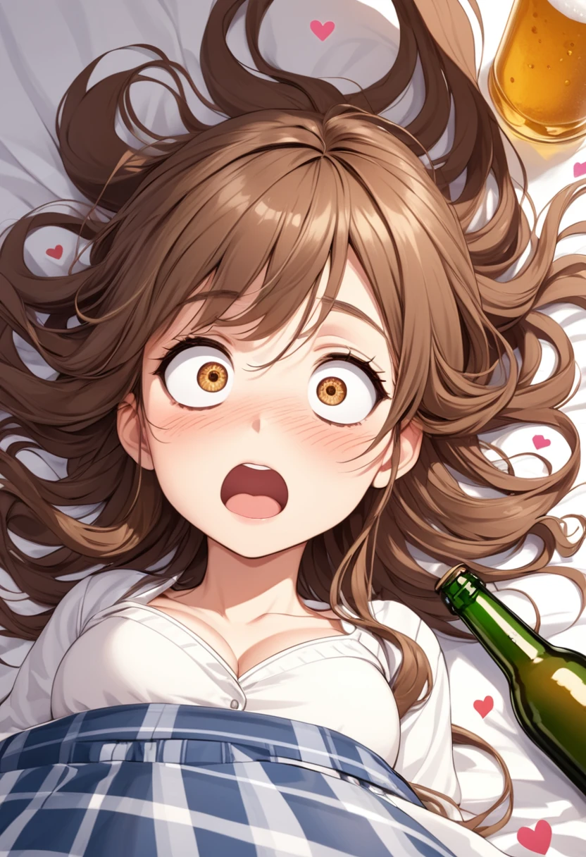 detailed illustration, dynamic angle, ultra-detailed, illustration, 1girl, 18 year old, school girl, wavy brown hair, long hair, bright brown eyes, hearts, white shirt, blue plaid skirt, cleavage, flush, blush, arousal, laying on bed, drunk, dizzy, swirl eyes, wide eyes, open mouth, confused, wide eyes, shocked eyes, amazed eyes, beer bottle
