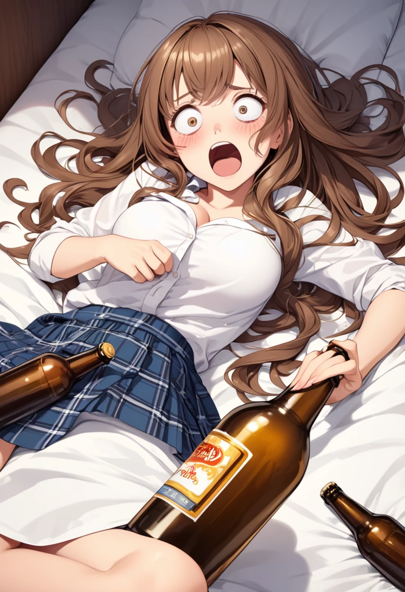 detailed illustration, dynamic angle, ultra-detailed, illustration, 1girl, 18 year old, school girl, wavy brown hair, long hair, bright brown eyes, hearts, white shirt, blue plaid skirt, cleavage, flush, blush, arousal, laying on bed, drunk, dizzy, swirl eyes, wide eyes, open mouth, confused, wide eyes, shocked eyes, amazed eyes, beer bottle