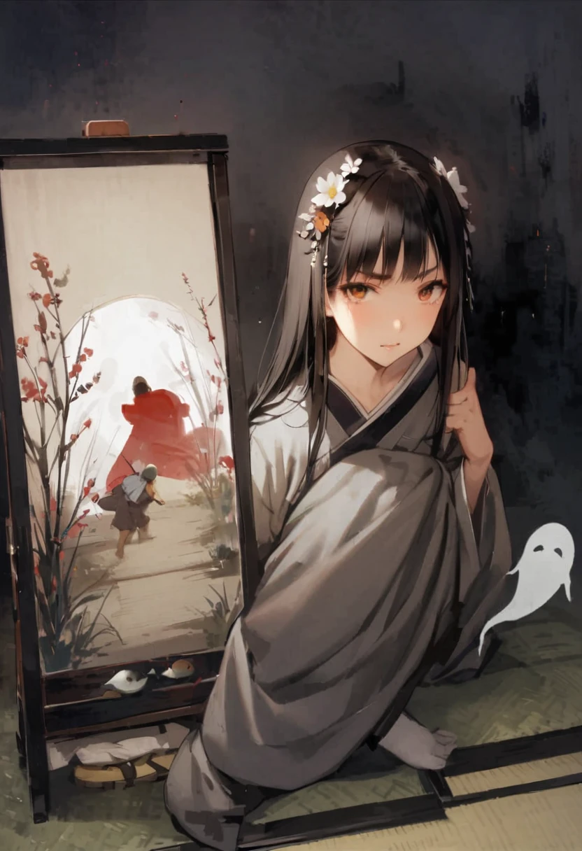 overhead shot、Showing nipples、Zashiki-warashi、Apparition、ghost、Japanese style、Shoji screen、tatami、ghost屋敷、darkness、Late Night、kimono、Bob、Girl、Girl、Younger、、flat chest、Black Long Hair、Dynamic Angle、Glaring、Eyes open、ball、Flower Hair Ornaments、Geta or bare feet、Playing with turtles、There are a lot of turtles、Turtles are friends。Kiss the glans