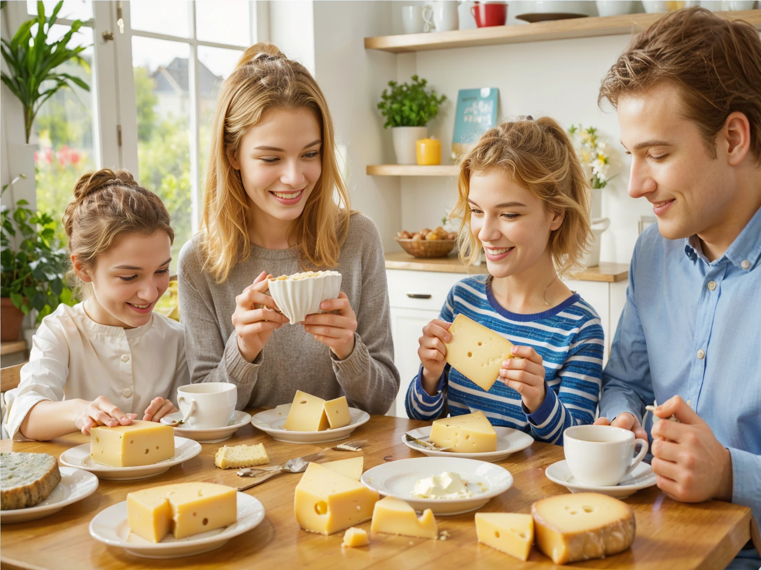 Group of people sitting at a table with food, Eating cheese, Warm and joyful atmosphere, shutterstock, stock image, stock image, stock image, promotional image, useful image, promotional photo, good morning, Family dinner, photo stop, delicious, people inside cheese on a table, stock, artistic interpretation, slice of life, on trend, youtube thumbnail, portrait shot, Noon
