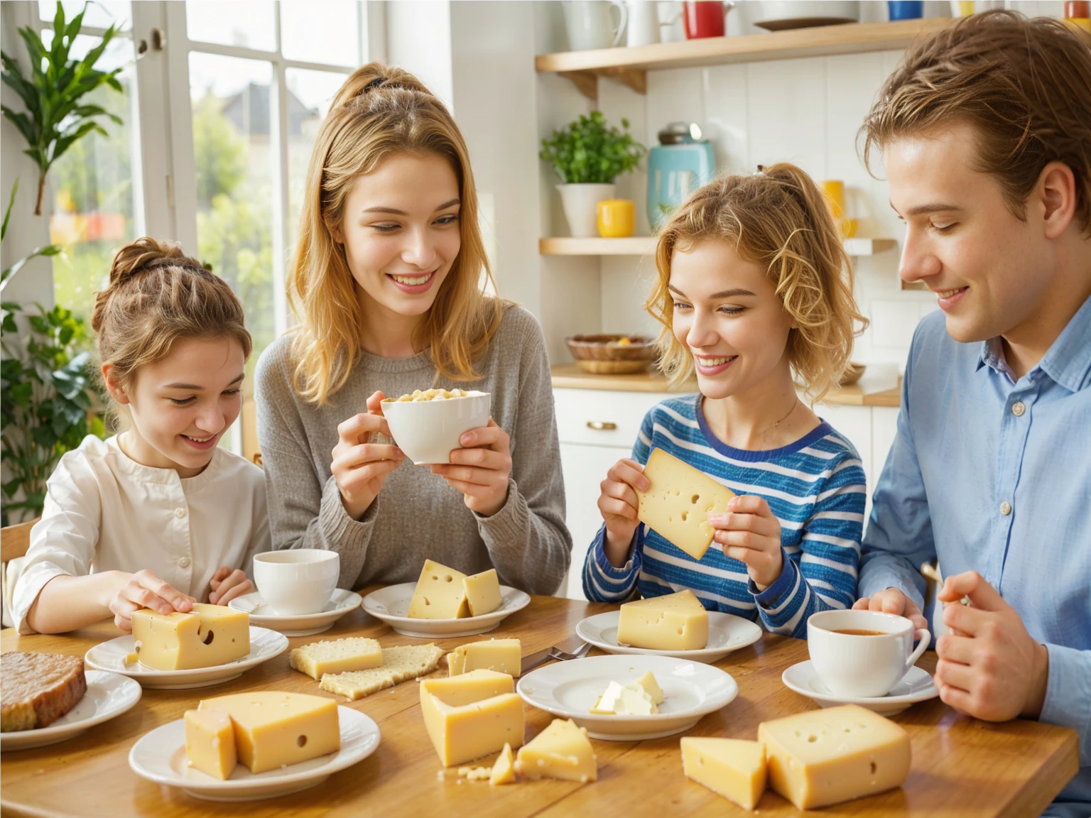 Group of people sitting at a table with food, Eating cheese, Warm and joyful atmosphere, shutterstock, stock image, stock image, stock image, promotional image, useful image, promotional photo, good morning, Family dinner, photo stop, delicious, people inside cheese on a table, stock, artistic interpretation, slice of life, on trend, youtube thumbnail, portrait shot, Noon