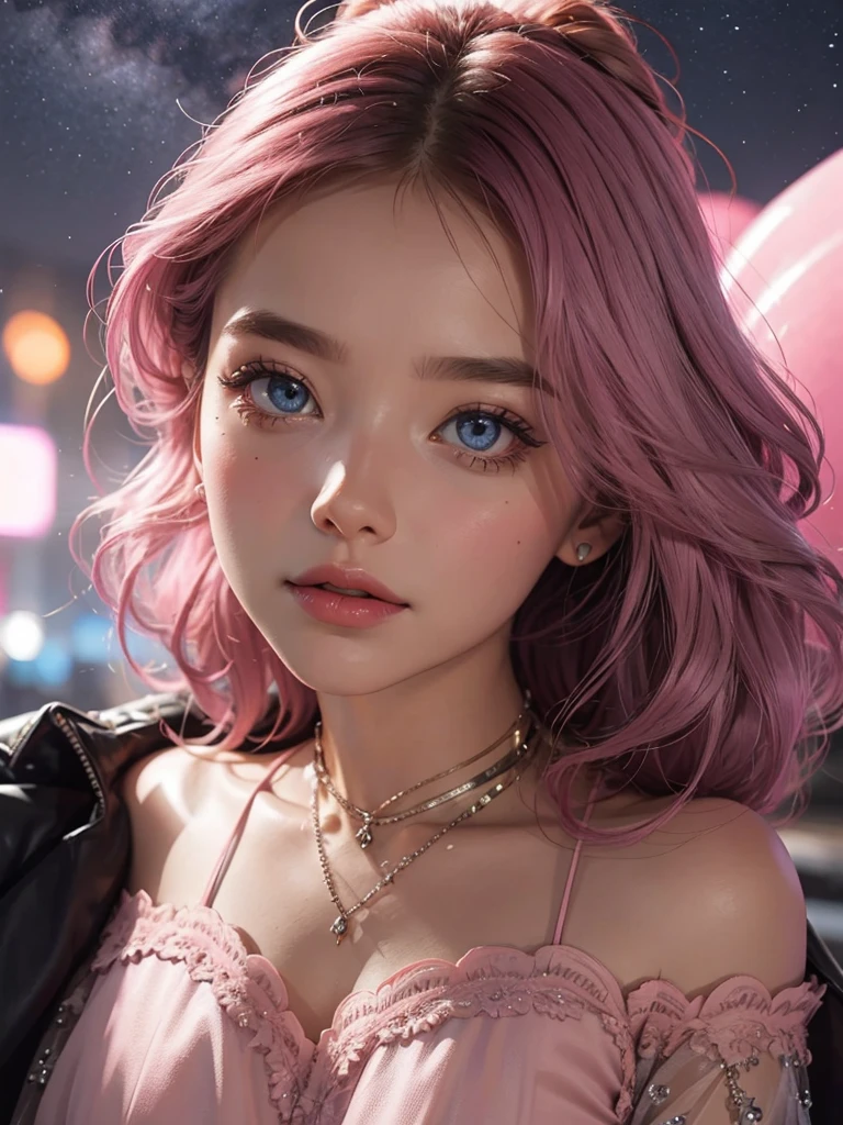 young woman, face close up, pink dress, milky developing hair, starry sky, big beautiful eyes
