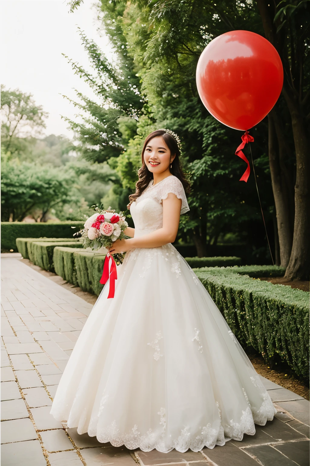 ((best quality)), ((masterpiece)), (detailed), 1girl, holding bobo balloons,  outdoor wedding