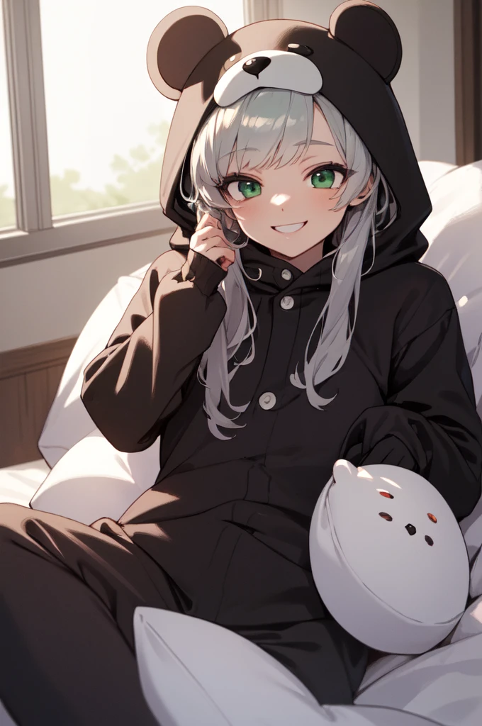 beautiful, (masterpiece), best quality, (extremely detailed face), extremely detailed eyes,  perfect lighting, OverallDetail, detailed, deep skin,textured skin,
,bear costume ,black bear costume, long sleeves, hood up,,mallow , long hair, green eyes, big smile,on bed ,sitting between pillows,
,