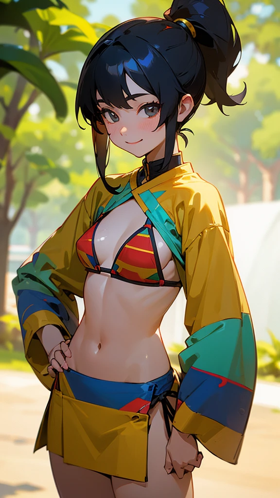 1 Girl、8K、Sharp focus、(Bokeh) (Highest quality) (Detailed skin:1.3) (Intricate details) (anime)、Black Hair, Side Ponytail、18-year-old、(Please put your hands on your hips)、chest、Slim figure、bikini、A pareo skirt with bold ethnic patterns and plenty of primary colors、Realistic Skin、Shiny skin, Sunburned skin、Cowboy Shot、Side body、smile、smile、Park in the background、Soft lighting