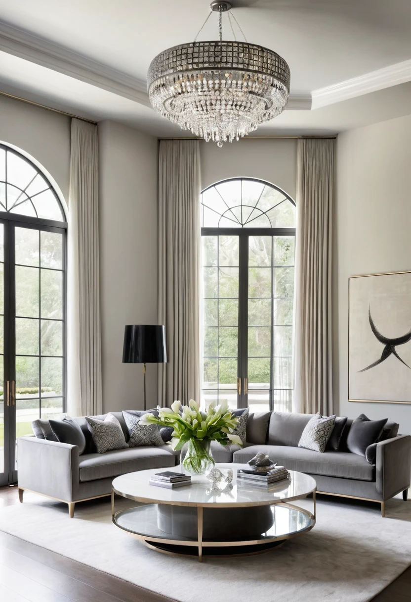 A modern living room, bathed in soft natural light, exudes an air of understated elegance. The plush gray sofas, adorned with subtle patterned cushions, invite relaxation, while the sleek, geometric coffee table and the dramatic, curved crystal chandelier add a touch of sophistication.