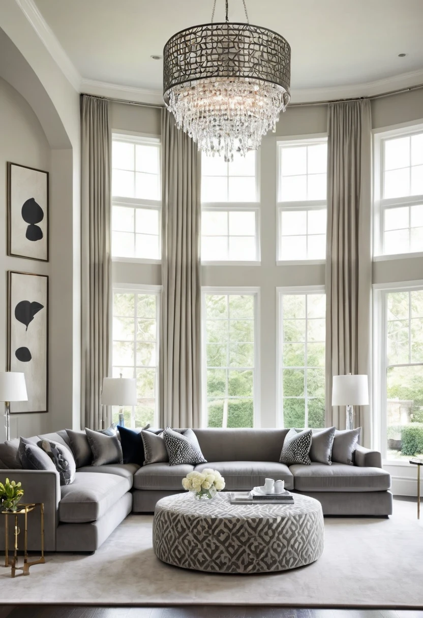 A modern living room, bathed in soft natural light, exudes an air of understated elegance. The plush gray sofas, adorned with subtle patterned cushions, invite relaxation, while the sleek, geometric coffee table and the dramatic, curved crystal chandelier add a touch of sophistication.