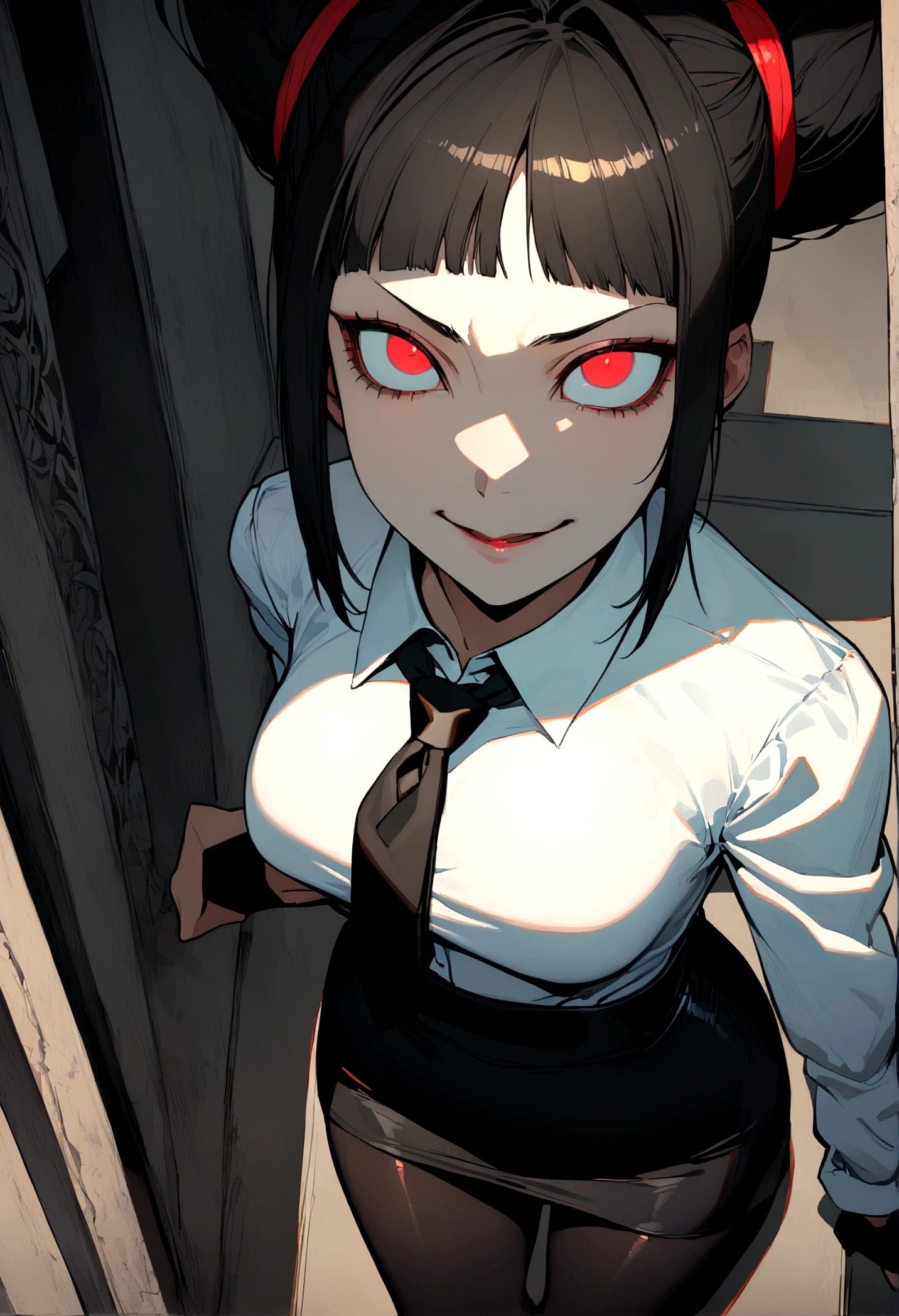 juri han, work of art, tight white secretary shirt with black tie, black high waist skirt, short skirt,stocking, black hair, black tightscary sun,office,bangs on the eyes,lighting,horn of hair,view from above,staring overhead,evil smile
