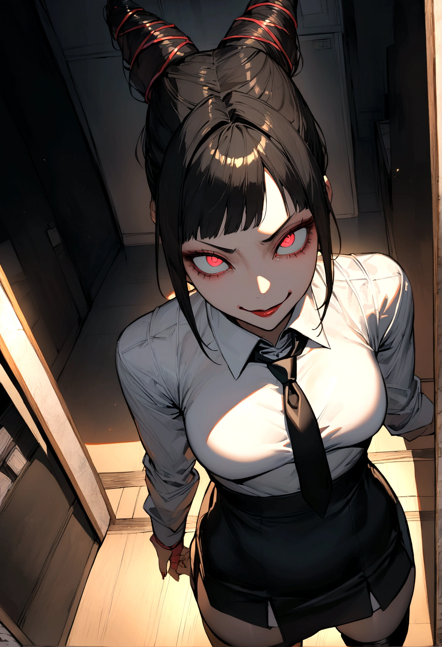 juri han, work of art, tight white secretary shirt with black tie, black high waist skirt, short skirt,stocking, black hair, black tightscary sun,office,bangs on the eyes,lighting,horn of hair,view from above,staring overhead,evil smile