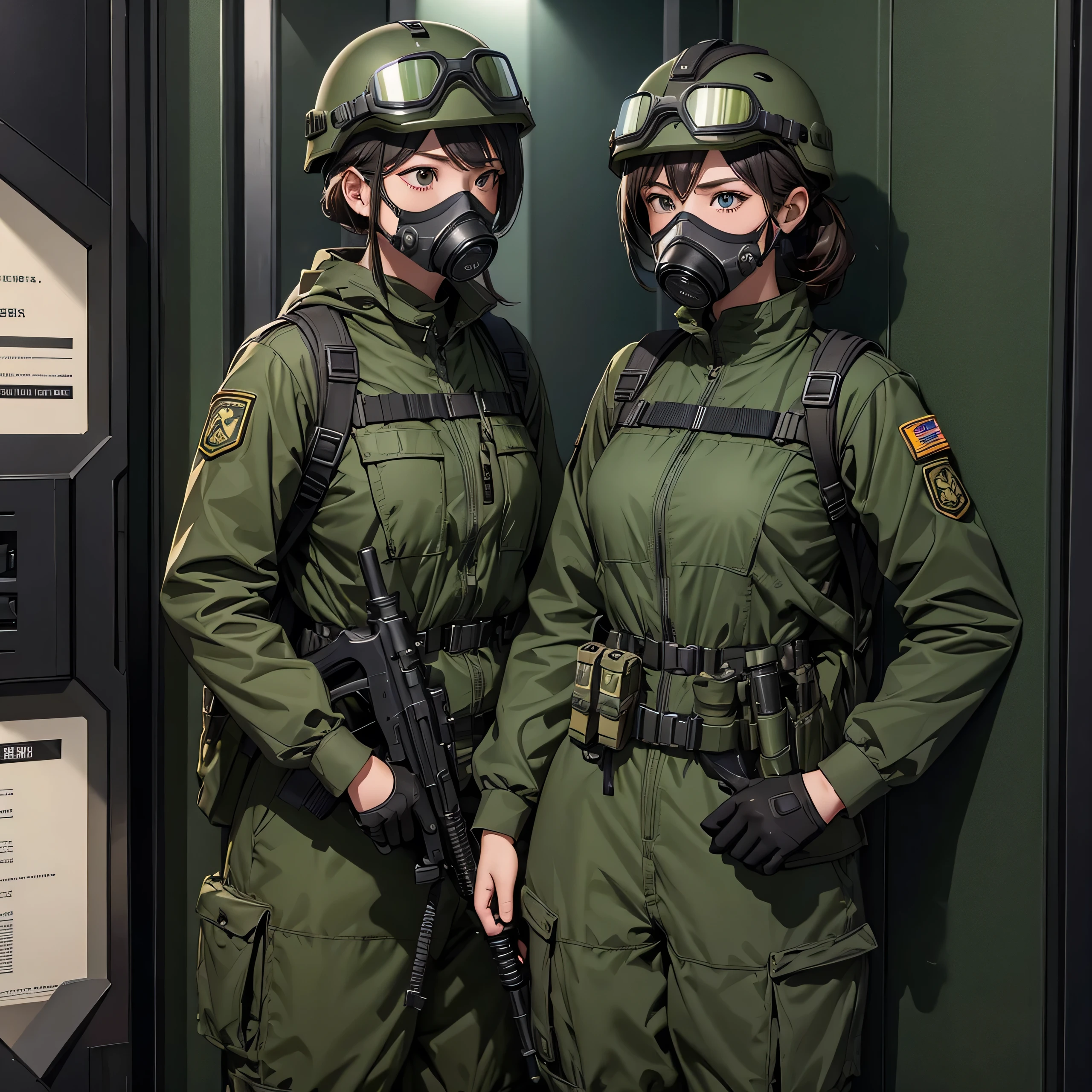 Two female soldiers wearing gas masks、Put on a helmet、Wear goggles、Dark green M-51 military uniform、Guarding the elevator、masterpiece、best quality、Highly detailed CG、8K picture quality
