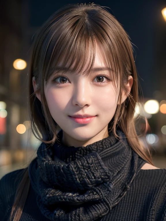 1 Japanese girl,(Black sweater:1.4),(She has a knitted snood around her neck to cover her chin..:1.5), (RAW Photos, Highest quality), (Realistic, Photorealistic:1.4), Tabletop, Very delicate and beautiful, Very detailed, 8k wallpaper, wonderful, finely, Very detailed CG Unity, High resolution, Soft Light, Beautiful Details 19 years old, Very detailed目と顔, Beautiful and detailed nose, finelyて美しい目,Cinema Lighting,City lights at night,Perfect Anatomy,Slender body,smile  (Dirty hair, Asymmetrical bangs, Light brown hair,)