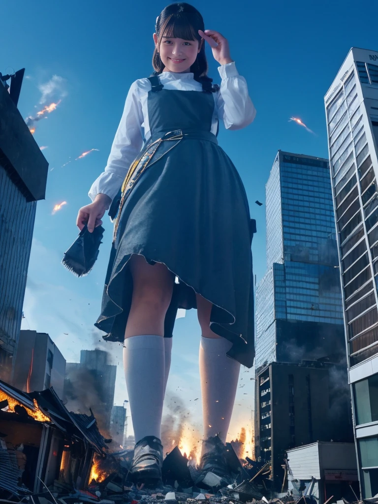 (Giantess Elements、High resolution、High resolution、high quality、Accurate body structure、Detailed body) Towering Giant Girl,50,000 feet high、Looking up at the approaching woman from below、Giants attack the city、cute、Blonde、Destroy a small town女性、Destroy a small town、Mischievous look、(Maid clothes、)Japanese women、Check skirt、ribbon、White skin、Giantess、smile、Trampling buildings、rubble、Burning Small Town、Destroyed small building、Collapsed highway、Cars are crushed、Evacuating residents、sunset、Burning Small Town、go ahead、walk、Trampling、Anatomically correct、Accurate human body、Accurate skeleton、Full body portrait、blue eyes、足元に散らばるrubble、Higher than skyscrapers、Big impact、amazing、Giantess Elements、Draw a woman in a big way、Increase the destructive element、Make the city smaller