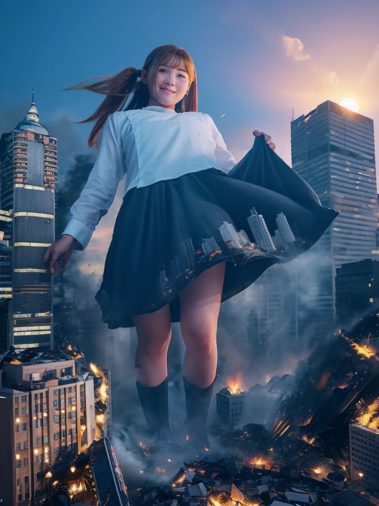 (Giantess Elements、High resolution、High resolution、high quality、Accurate body structure、Detailed body) Towering Giant Girl,50,000 feet high、Looking up at the approaching woman from below、Giants attack the city、cute、Blonde、Destroy a small town女性、Destroy a small town、Mischievous look、(Maid clothes、)Japanese women、Check skirt、ribbon、White skin、Giantess、smile、Trampling buildings、rubble、Burning Small Town、Destroyed small building、Collapsed highway、Cars are crushed、Evacuating residents、sunset、Burning Small Town、go ahead、walk、Trampling、Anatomically correct、Accurate human body、Accurate skeleton、Full body portrait、blue eyes、足元に散らばるrubble、Higher than skyscrapers、Big impact、amazing、Giantess Elements、Draw a woman in a big way、Increase the destructive element、Make the city smaller