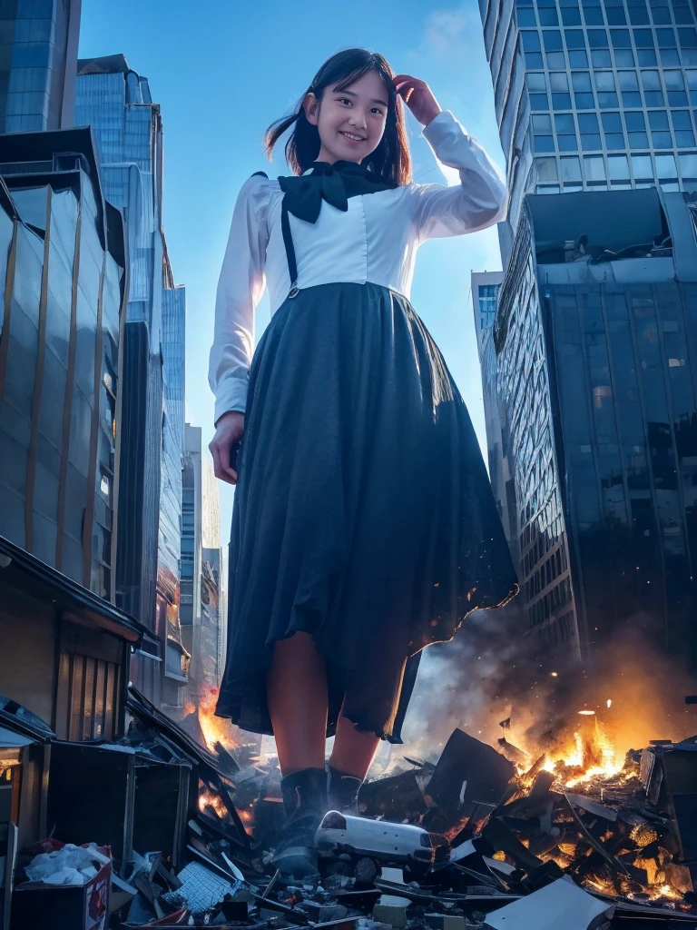 (Giantess Elements、High resolution、High resolution、high quality、Accurate body structure、Detailed body) Towering Giant Girl,50,000 feet high、Looking up at the approaching woman from below、Giants attack the city、Cute blonde woman、Destroy a small town淫乱な女性、Destroy a small town、Mischievous look、Maid clothes、Japanese women、Check skirt、ribbon、White skin、Giantess、smile、Trampling buildings、rubble、Burning Small Town、Destroyed small building、Collapsed highway、Cars are crushed、Evacuating residents、sunset、Burning Small Town、go ahead、walk、Trampling、Anatomically correct、Accurate human body、Accurate skeleton、Full body portrait、blue eyes、足元に散らばるrubble、Higher than skyscrapers、Big impact、amazing、Giantess Elements、Draw a woman in a big way、Increase the destructive element、Make the city smaller