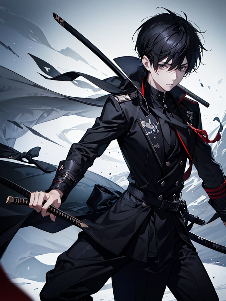 A young man with short black hair, with black eyes, with a bandaged katana inside a sheath, and rune marks on the cheek, with a thin black checkered coat, underneath a black t-shirt.