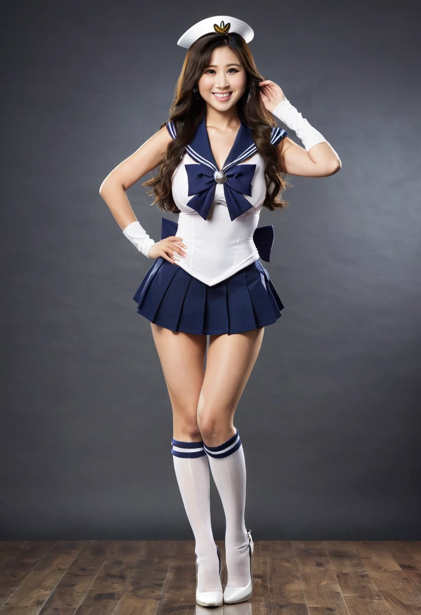 Beautiful asian woman, brunette, big breasts  ultra realistic, perfect face, long hair, full body photo, sexy smile, standing pose, elegant pose, sailor senshu outfit