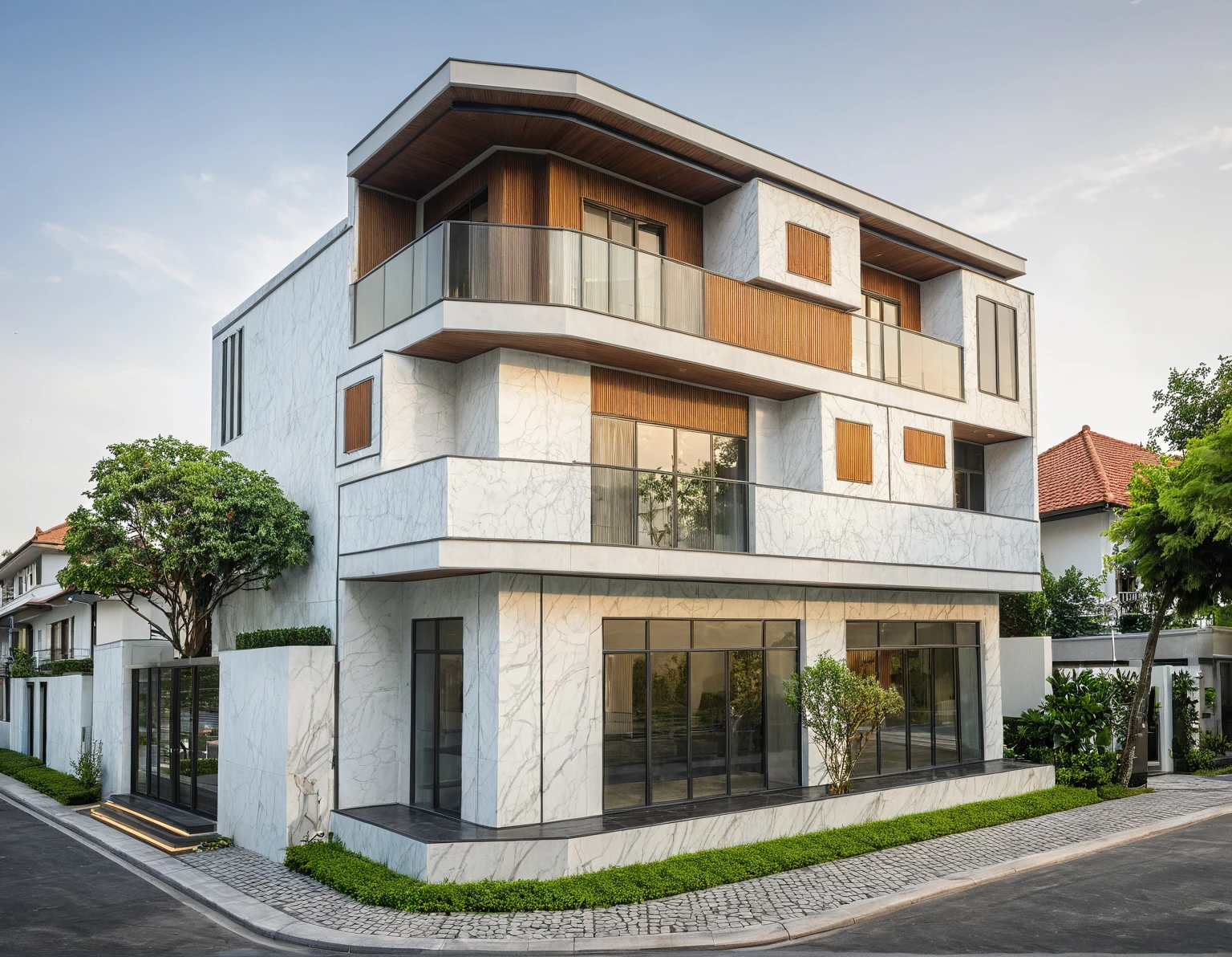 modern villa on street, (daylight), tropical tree, vivid colour, streetcapes, white tone, white wall, large glass door, warm interior lighting, wood and marble, best quality, 17ArchiAI_XL_VL-v1