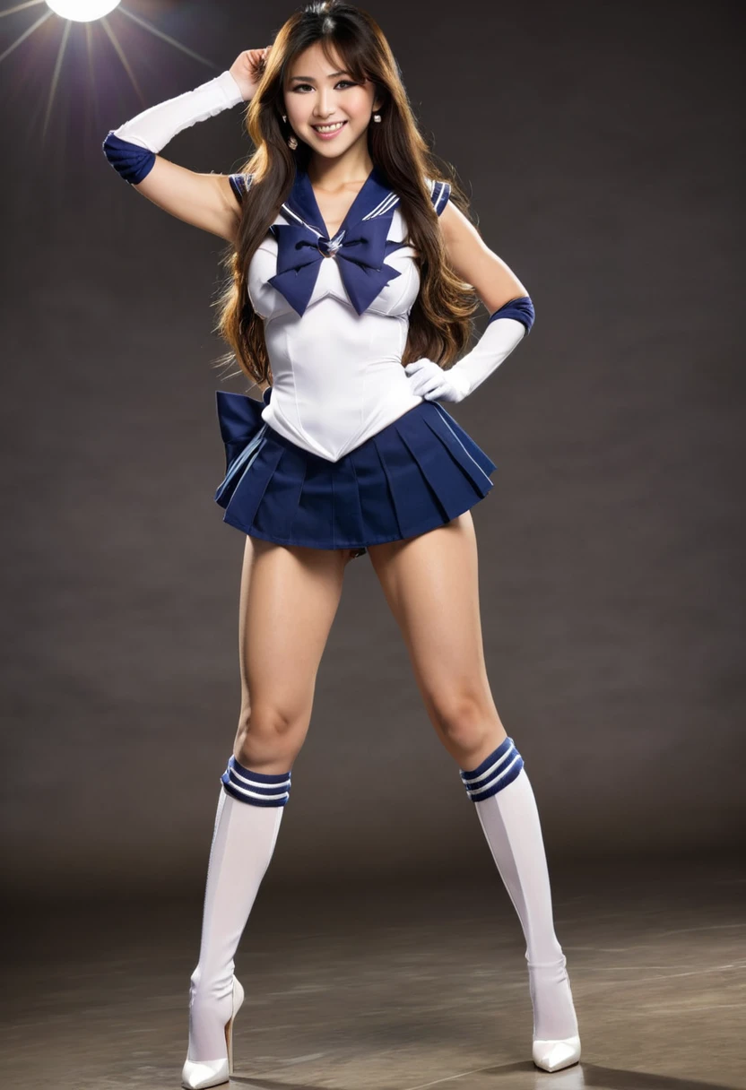 Beautiful asian woman, brunette, big breasts  ultra realistic, perfect face, long hair, full body photo, sexy smile, standing pose, elegant pose, sailor senshu outfit