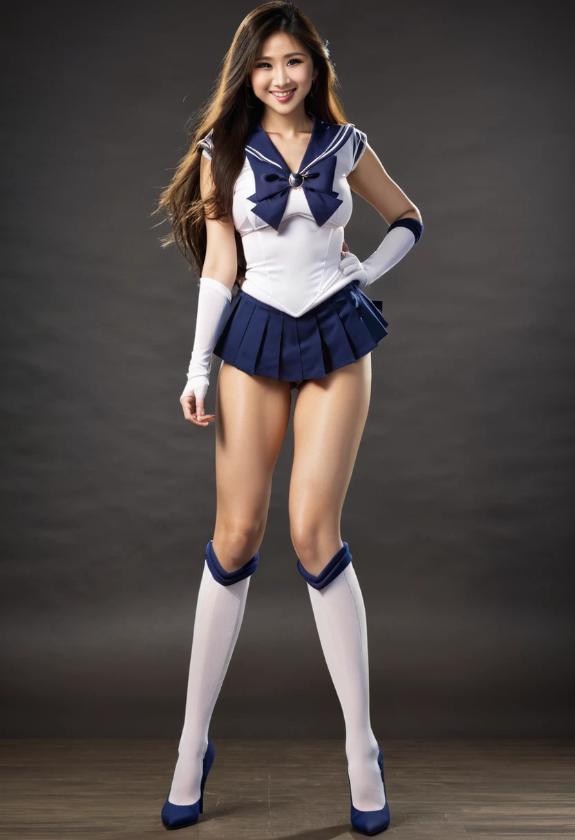 Beautiful asian woman, brunette, big breasts  ultra realistic, perfect face, long hair, full body photo, sexy smile, standing pose, elegant pose, sailor senshu outfit